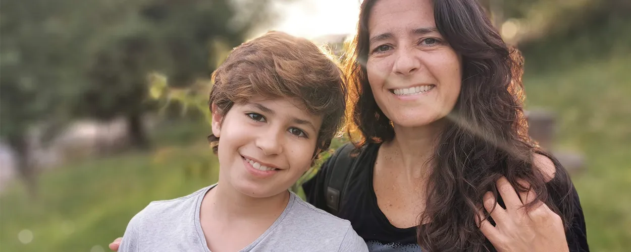 Mom and son outdoors